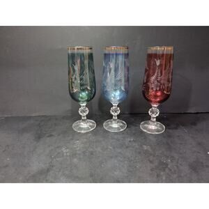 Bohemia Crystal Fluted Champagne‎ Glass Goblet Set, Iridescent Floral Pattern
